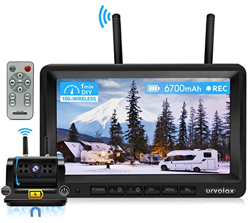 URVOLAX 100% Rückfahrkamera Kabellos: 6700mAh Wiederaufladbare Batterie Magnetische Rückfahrkamera Funk - 7 Zoll Monitor Videoaufzeichnung- DIY Installation für Wohnmobil Wohnwagen Anhänger LKW (65X)