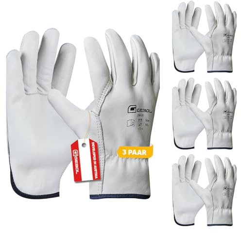 Gebol Driver, 3 Paar Arbeitshandschuhe für Herren aus 1,1 mm dickem Premium-Rindsvollleder, Handschuhe für Bau, Garten & grobe Arbeiten, L (Gr. 9)