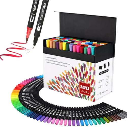 hhhouu 100 Farben Brush Marker Pinselstifte Journal Zubehör Stifte, Doppelspitze Filzstifte für Erwachsene, Handlettering HO-100B