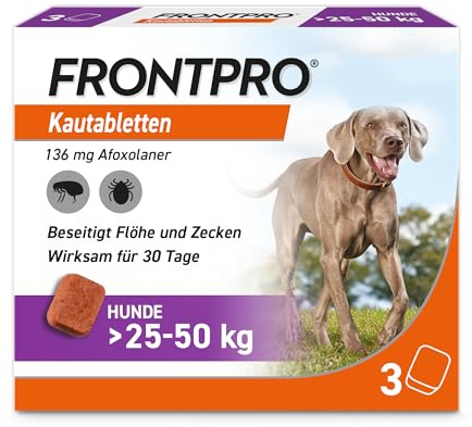 FRONTPRO Hund XL - Kautablette gegen Zecken & Flöhe (große Hunde 25 bis 50 kg) - 3X Kautabletten für 3 Monate Zecken- und Flohschutz