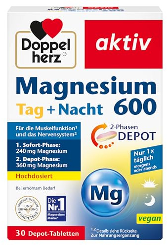 Doppelherz Magnesium 600 Tag und Nacht 2-Phasen-DEPOT - Magnesium trägt zur normalen Muskelfunktion bei - Hochdosiert - 30 DEPOT-Tabletten