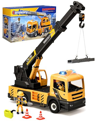 Coroiesty Kran Spielzeug LKW mit Ausfahrbarem Kranarm & Soundmodul, Große Kranwagen, Licht & Sirene, Baufahrzeug mit Seilwinde zum Zusammenbauen (Batterien Nicht enthalten)