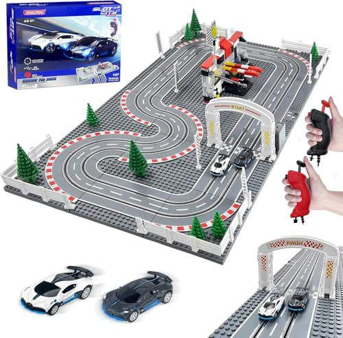 UNIKONIO Slot Cars Rennstrecken-Sets, Autorennbahn Rennbahn mit 2 Controllern 2 Autos, einstellbare Geschwindigkeit, 1:87 Block Building Car Race, Weihnachts Halloween Geschenkautospielzeug - 07