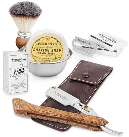 Störtebekker® Premium Rasiermesser Set für Herren im handgefertigten Lederetui - inkl. Rasierpinsel, Rasierschale, Rasierseife, Alaunstein und Rasierklingen - hochwertiges Nassrasierer Rasierset
