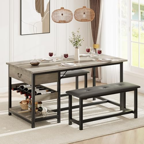Essgruppe 3-teilige für 4 Personen, Esstisch mit 2 PU Gepolsterten Stühlen, Thekentisch mit 1 Ablagen & 1 Weinregal & Geschirrschubladen, Industrial Bistrotisch Set mit Metallgestell für Esszimmer