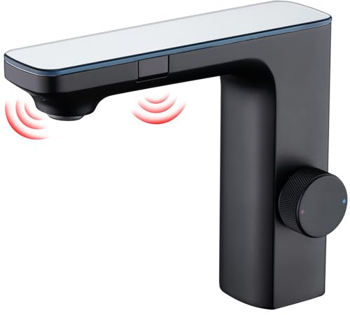 CREA Infrarot Sensor Wasserhahn Bad, Automatisch Sensor Mischbatterie Bad, Infrarot-Waschtischarmatur, Armatur Waschbecken mit Sensor, Matt Schwarz