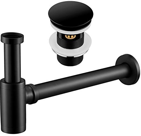 Wasserrhythm Universal Siphon mit Ablaufgarnitur für Waschbecken und Waschschalen mit Überlauf, Pop Up Ventil mit Abflussgarnitur passgenau, aus Messing, schwarz matt