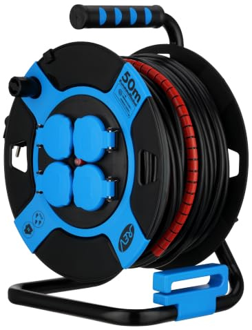 REV Kabeltrommel 50m Outdoor - mit Kabelschutz, 4 Steckdosen, IP44, blau