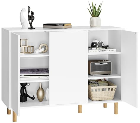 FirFurd Sideboard, Kommode weiß, Küchenschrank mit 3 Türen, griffloses Design, verstellbare Regale, 107x40x80cm(BxTxH)