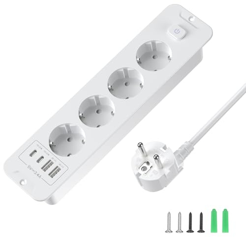 KEAGAR Versenkbare Steckdose 4-Fach mit Schalter, USB C PD 20W, 2m Weiß | 4 Schuko + 2 USB-C + 2 USB-A, Einbausteckdose in Schreibtisch, Tischplatte Versenkte Steckdose für Küche & Büro