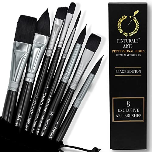 Pinturale Aquarell Pinsel Set für Profis | Black Series | 8 Pinsel Aquarell Set für Künstler | Hohe Absorption und Kontrolle des Wassers für konstanten Farbfluss