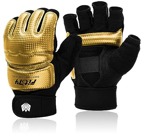 FitsT4 Sports MMA Handschuhe Boxhandschuhe gepolstert, Trainingshandschuhe Boxsack Sandsack Kickboxen Kampfsport Taekwondo Sparring mit Handgelenkschutz für Herren Damen,Gold,L