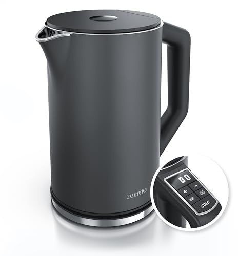 Arendo - Edelstahl Wasserkocher mit Temperatureinstellung 40-100 Grad in 5er Schritten - Doppelwand Design - Modell ELEGANT - 1,5 Liter - 2200 W - Teekocher mit Temperaturanzeige - GS - Cool Grey