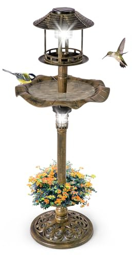COSTWAY Vogeltränke stehend, Vogelbad Garten mit Solar, Blumentopf (Bronze) | Wassertränke Vögel, Vogelfutterstation Retro, Bird Bath mit Futterhaus & befüllbarem Ständer, Futterspender Balkon, Ø43x110cm