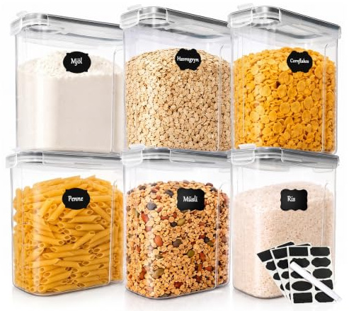 GoMaihe Vorratsdosen mit Deckel Luftdichte, 6 x 4 L für Müsli, Cornflakes | Eine ganze Packung pro Dose: ca. 750 g Müsli oder Cornflakes, 1,5 kg Haferflocken, 2 kg Mehl; BPA-frei