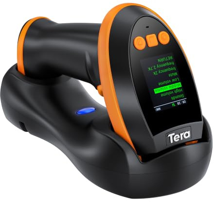 Tera Barcode Scanner 1D 2D QR Kabellos mit Ladestation, HW0009 Orange | Großes Display, 2500mAh Akku 48h Laufzeit, unterstützt Bluetooth, 2.4G und USB, für Lager und Einzelhandel, schnelles Scannen