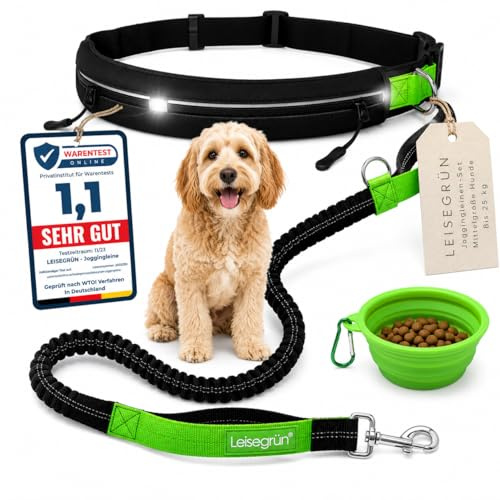 Leisegrün Joggingleine für mittelgroße Hunde bis 25 kg – Freihand-Hundeleine mit verstellbarem Bauchgurt, elastische Bungeeleine mit Ruckdämpfer & Reflektoren, ideal zum Joggen und Wandern
