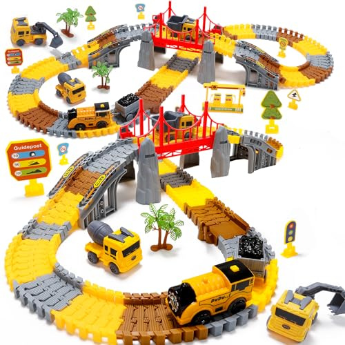 EagleStone Konstruktions Rennbahn Set für Kinder 206 Teile Flexibles Spielzeuggleis mit 1 Elektrischer Bahn Bagger Kipper Betonmischer DIY Eisenbahnspielzeug für Jungen und Mädchen ab 3 Jahren