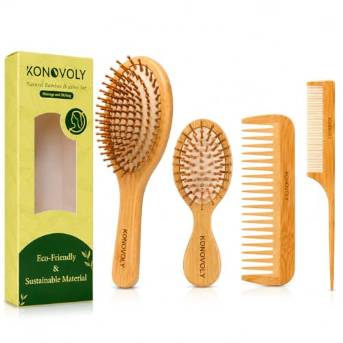 4PCS Bambus Haarbürste Set mit Paletten Entwirrungsbürsten Umweltfreundliche Naturhaarbürste,geeignet für Frauen,Männer und Kinder,Geschenkset für Haare/dünn/lockig/trocken