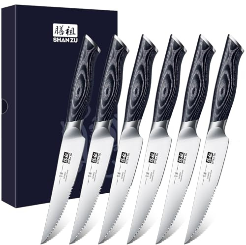 SHAN ZU Steakmesser Set 6 teilig Steakmesserset Profi Scharfe Küchenmesser Kochmesser aus Hochwertigem Carbon Edelstahl Chefmesser mit Ergonomischer K133 Holzgriff- GENBU Series