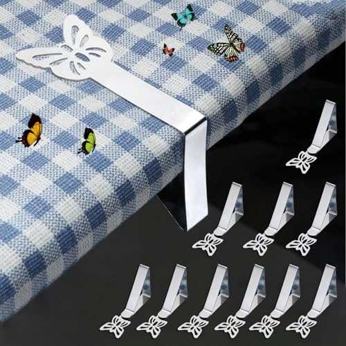 CHACROC Tischdeckenklammern Edelstahl 10 Stück, Outdoor Tischklammern Tischdeckenbeschwerer für Dicke Tische, Restaurant, Gartentisch & Picknick - Silber Schmetterlings Clips Tischtuchklammer