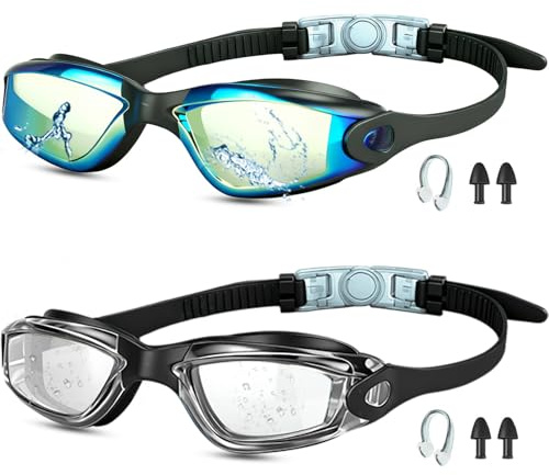 Moseem Schwimmbrille Kinder, 2 Stück taucherbrille Kinder 10 Jahre und Erwachsene,Schwimmbrille für Herren Damen Kinder,Anti-Fog,Kein Auslaufen(Spiegel Aqua&Klar)