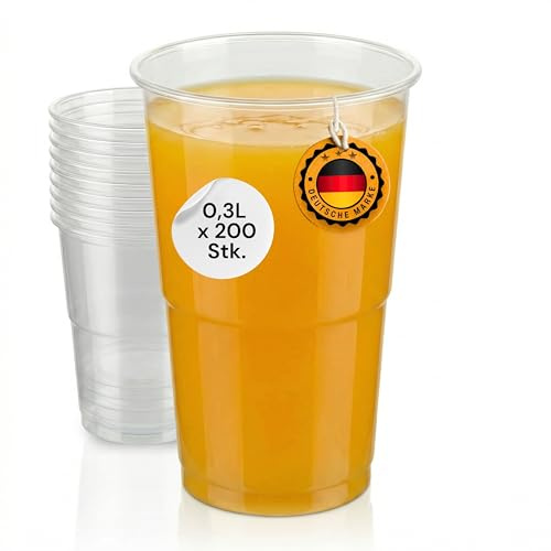 LogiPack GeRo 200 Stück Plastikbecher – Trinkbecher mit Eichstrich 0,3l | Einwegbecher aus Hartplastik (PP), transparent | Bierbecher & Partybecher – Kunststoffbecher