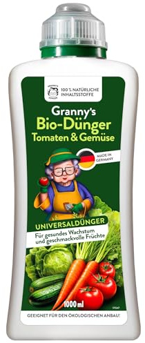 GRANNY’S WORLD® 1L. BIO-Dünger I Tomatendünger I Flüssigdünger für stark zehrende Pflanzen I Gemüsedünger I Universaldünger I Omas Dünger I Einfach und effektiv düngen I1-Liter, inklusive Messbecher I