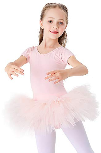 Bezioner Kinder Ballettkleidung Tütü Ballettkleid Mädchen Baumwolle Balletttrikot Kurzarm Ballettanzug Tanzbody mit Rock Rosa 120