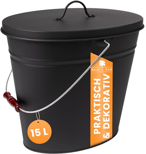 BLACK OAK Ascheeimer Vesuvio 20L – schwarz oval mit Deckel - groß 20 Liter - Stahl feuerfest verzinkt & pulverbeschichtet Asche & Kohle Eimer ideales Zubehör für Kamin Kachelofen Holzofen