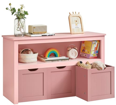 VASAGLE Kinderregal, Spielzeugaufbewahrung mit Rollen, 30 x 102 x 60 cm | Aufbewahrungsschrank, Spielzeugschrank, Kinderzimmer, Pastellrosa und Terrakottarosa, HELAN Kollektion LHS380R02