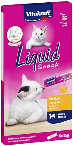 Vitakraft Liquid Snack, Katzen Leckerli, Katzensnack cremig, mit Huhn und Taurin, in einzelnen Sachets, unterstützt die Augen und das Herz (1 Paket mit 6x 15g)