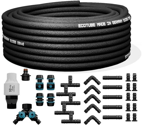ecotube HOME Perlschlauch 50 m – Wassersparendes Bewässerungssystem für Garten, Hochbeet & Hecke – Tropfschlauch Set inkl. Anschlüsse