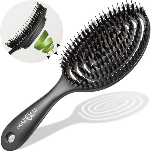 marQus Bio Haarbürste Wildschweinborsten ohne Ziepen - Detangler-Bürste mit Doppelspiralfeder - Profi Entwirrbürste für jeden Haartyp, nachhaltiges Material - nass&trocken, mehr Glanz, Volumen, Black