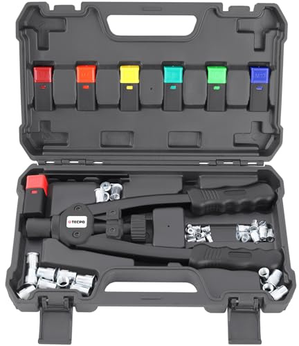 TECPO Nietmutternzange Set, 110-teilig Profi Satz Nietmuttern mit Gewinde, Nietzange, Universalschlüssel, Zugdorne und Mundstücke aus Stahl M3, M4, M5, M6, M8, M10, M12