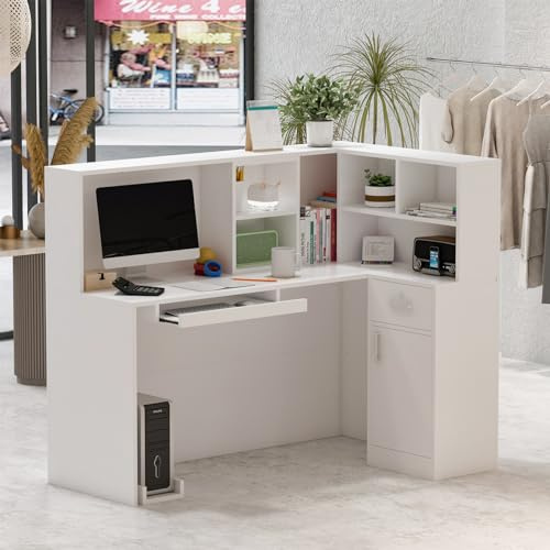 Caldion Weißer Empfangstheke mit 1 abschließbarer Schublade,Rezeptionstresen mit Ablagen,Empfangstresen mit Tatsaturschublade,Bürotheke Rezeptiontisch für Salon Lobby Cafe Restaurant,140x80x120cm