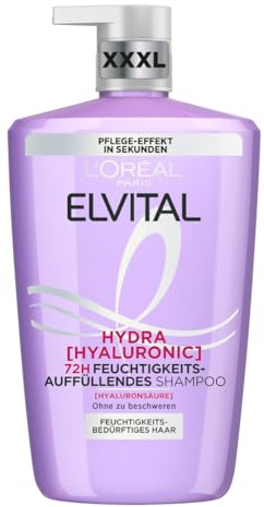 L'Oréal Paris Elvital Hydra Hyaluronic feuchtigkeitsspendendes XXXL Shampoo für glänzendes Haar, Hyaluron Shampoo für einen Feuchtigkeitsboost & Schutz, langanhaltende Feuchtigkeit und Pflege, 1000ml