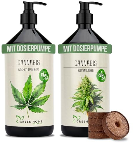Green Home Cannabis Dünger Set Wachstum Blüte 2x1L Flüssigdünger mit Dosierpumpe für Indoor Outdoor Autoflower Hanf Pflanzen NPK 7+3+5 und 5+5+7 schnelle Nährstoffaufnahme