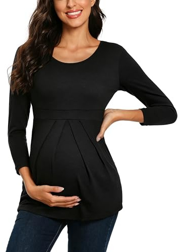 Love2Mi Damen Schwanger Umstandsmode 3/4 Ärmel Umstandsbluse mit Raffungen | Weiche, Leichte Und Elastische Material, mit Bauch-Raffung,Bequeme Passform, Schwangerschaft Alltag