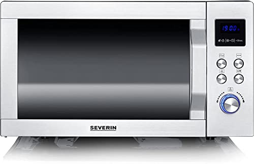 Severin 3-in-1 Mikrowelle mit Glasboden, Flatbed (flacher Hohlraum für große Speisen), Grill und Heißluftfunktion, Mikrowelle mit großer Nutzfläche für eckiges Geschirr, schwarz, Edelstahl, MW 7777