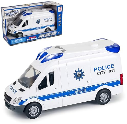 CELMAN Polizeiauto Transporter Spielzeug 1:14 mit Reibungsantrieb, Sound und Licht - Großes Spielzeugauto für Kinder ab 3 4 5 6 7 8 Jahren