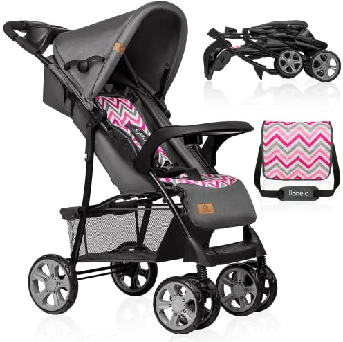 LIONELO Emma Plus Kinderwagen bis zu 15 kg, Kindersportwagen, leicht modern klein Buggy mit Liegeposition, zusammenklappbar, große Räder, großer Korb, Tasche Pink Scandi