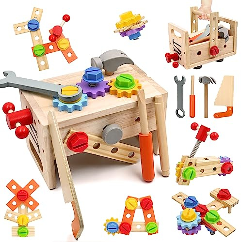 AiTuiTui Werkzeugkoffer Kinder Spielzeug ab 2 3 4 5 Jahre, Montessori Holzspielzeug Kinderwerkzeug Werkzeugbank Lernspiele Werkzeugset Schraubspielzeug Hämmerchenspiel Spiele Geschenke Junge MäDchen