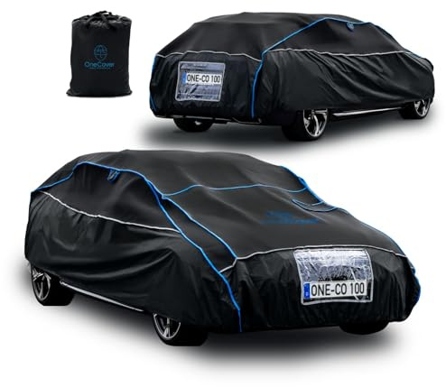 OneCover Premium Hagelschutz Auto Abdeckung – 4 mm Eva Polsterung, Ganzjahresschutz, Sturmfest, Reflektoren & Kennzeichenfenster (Größe M)