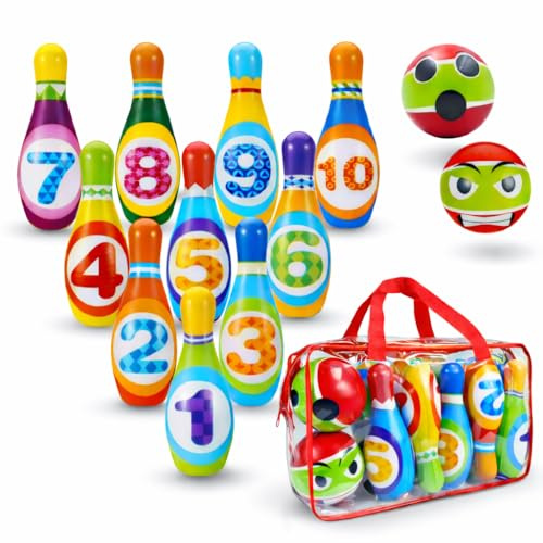 MandA Bowling Set für Kinder | Kegelspiel mit Tragetasche | Kinderspielzeug | Tolles Geschenk für Kinder von 2 bis 6 Jahren | mit 10 bunten Bowlingkegeln (14,5 cm) & 2 weichen Schaumstoffbällen.