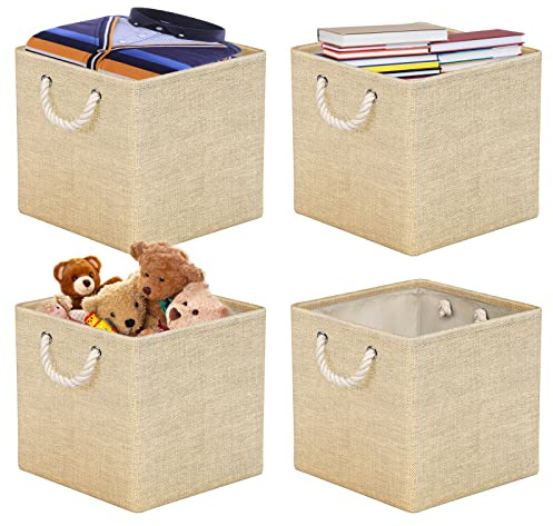 Aufbewahrungsbox Stoff 33x33 [4-Pack], Faltbarer Aufbewahrungsbox für Stoff, Ideal für Kallax-Regale, Schlafzimmer, Kinderzimmer - (Beige) RIWNNI