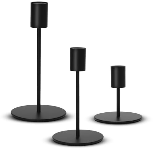 3er Set Schwarze Kerzenhalter aus Metall – Vintage Stabkerzenständer in 3 Höhen 16/14/8,5 cm – Elegante Tischdekoration für Hochzeit Weihnachten Wohnzimmer Dinner