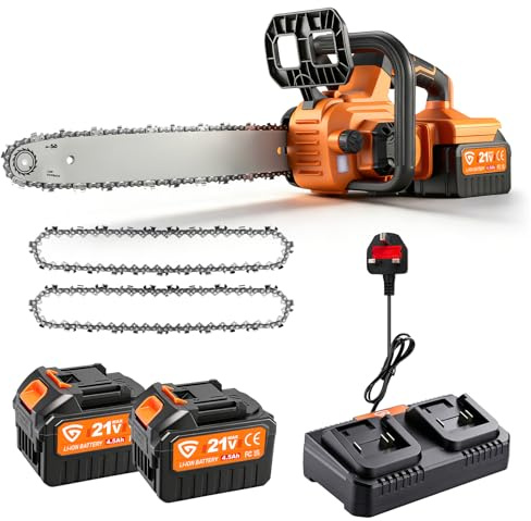 42V 16-Zoll Akku-Kettensäge mit 2 x 4,5Ah Akkus und Dual-Schnellladegerät, bürstenloser Motor, werkzeuglose Kettenspannung, automatische Kettenschmierung, Kettenbremse, für Baumschnitt, Gartenarbeiten