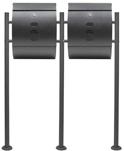 Wiltec 2er Briefkasten Set V18 Anthrazit, Wandbriefkasten mit Schloss, Sichtfenstern, Zeitungsrolle, Ständer, Postkasten aus pulverbeschichtetem Stahl