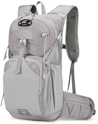 Outplea Fahrradrucksack Wasserdicht mit Helmnetz, MTB Rucksack Herren Damen Tagesrucksack, Thermischer Trinkrucksack für Camping Motorrad Wandern Laufen, Grau